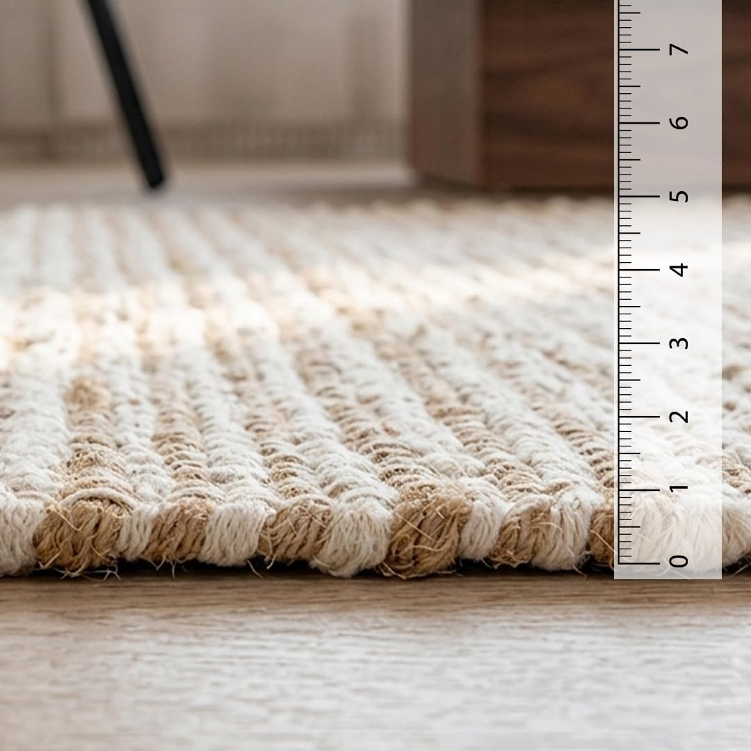 HOMEMONDE Jute Cotton Area Rug 6x9 ft Large Rectangle Hand Woven Natural Farmhouse Rugs for Living Room, Bedroom, Kitchen, High Traffic Area - Rustic Vintage Bohemian (Natural Offwhite)