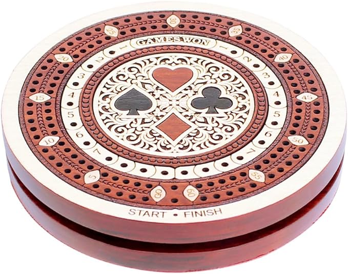 House of Cribbage - 2 Track 60 Points - Round Shape Pocket Size Wooden Travel Cribbage Board - Size 4 Inch (Maple Wood/Bloodwood)
