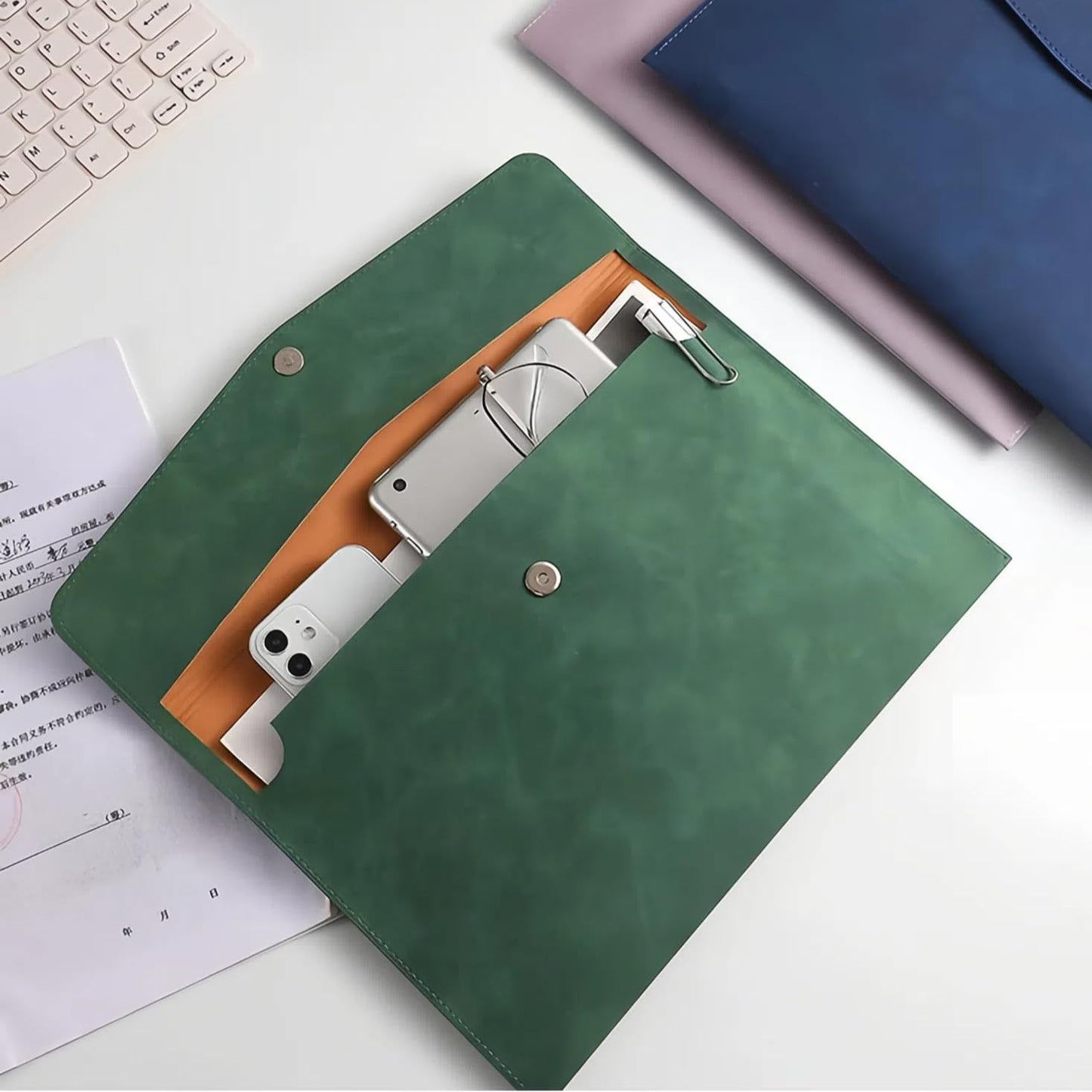 HannaFires 2PCS Dark Green Faux Leather Laptop Sleeve – Portable Document Organizer Folder for Laptop, A4 Papers, Files, Business Documents, Travel & Office Use