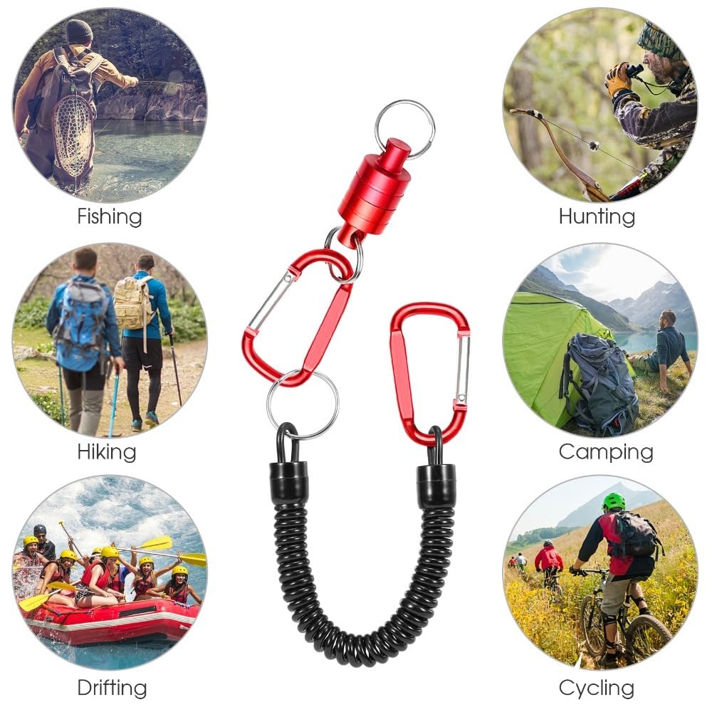 Retractor Keychain with Retractable Coiled Lanyard – 2kg/4.4lb Pull Force Fly Fishing Net Holder, Secure Attachment & Quick Access for Wading(Red)
