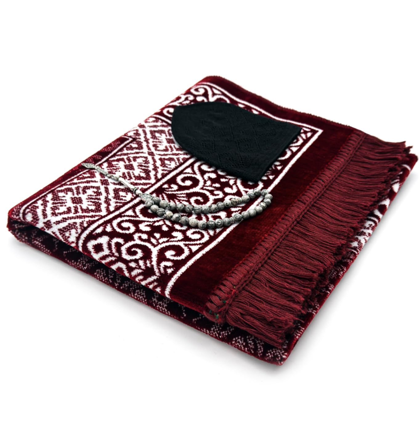 ESERRA Velvet Prayer Mat All in One Set for Islam - Thick Muslim Prayer Rug, Black Kufi Hat, Jasper Stone 33 Prayer Beads, Cotton Travel Case - Islamic Gifts (Red)