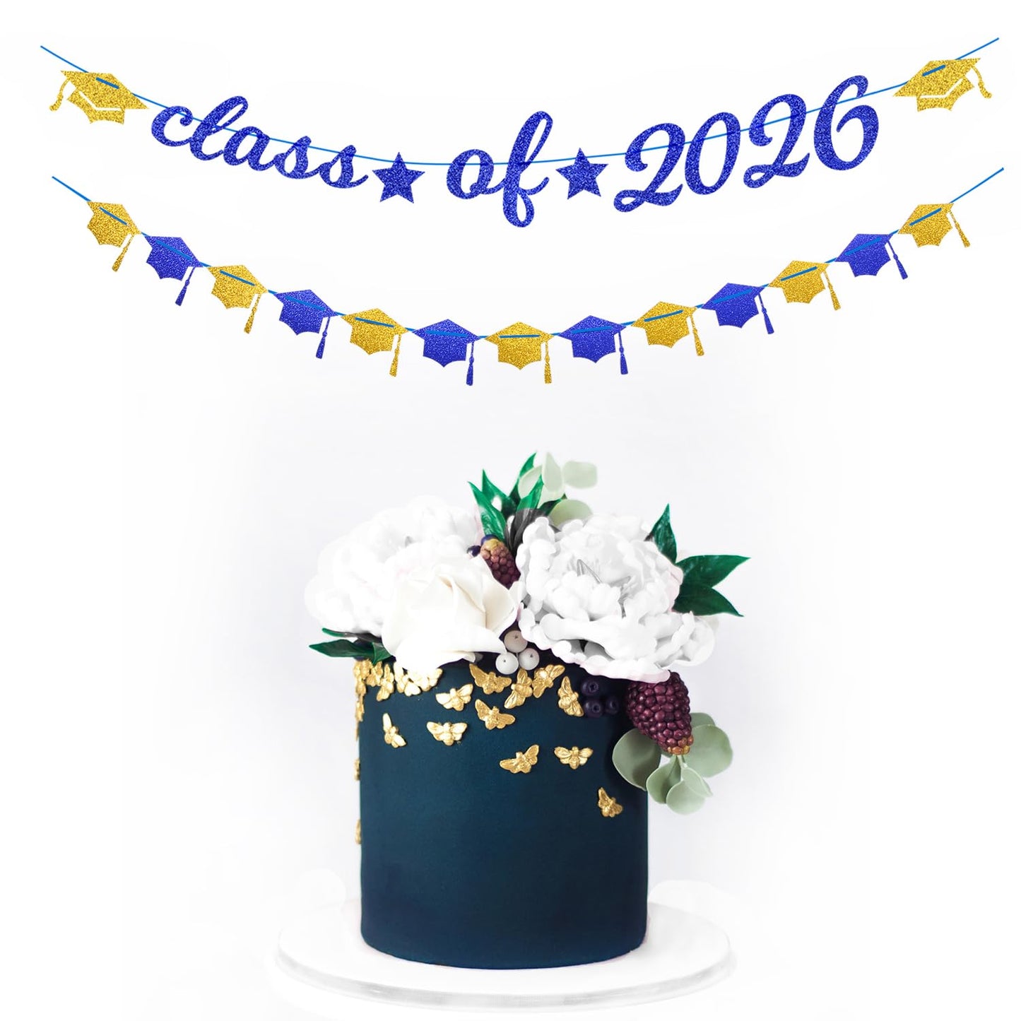 Navy-Blue White-Gold Party-Decorations Graduation Banner - 8pcs Kits Class of 2026 Cap Garland Streamers, Paper Tissue Pom Poms Flowers, Congratulations Grad Decor Lasting Surprise