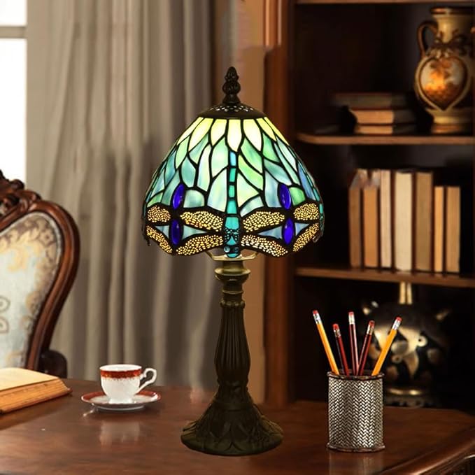 Small Tiffany Lamp 3 Color Temperature Blue Dragonfly Stained Glass Table Lamps 7X7X14 Inch Bedside Nightstand Night Light Desk Office Light for Living Room Bedroom W/LED E12 Bulb