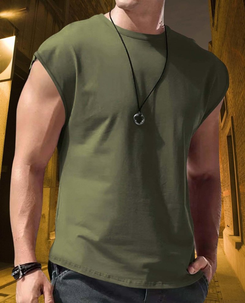 Grafumo Mens Workout Gym Tank Top Crew Neck Cap Sleeve Muscle Shirts Solid Trendy Casual Running Beach Loose Fit Tees Army Green