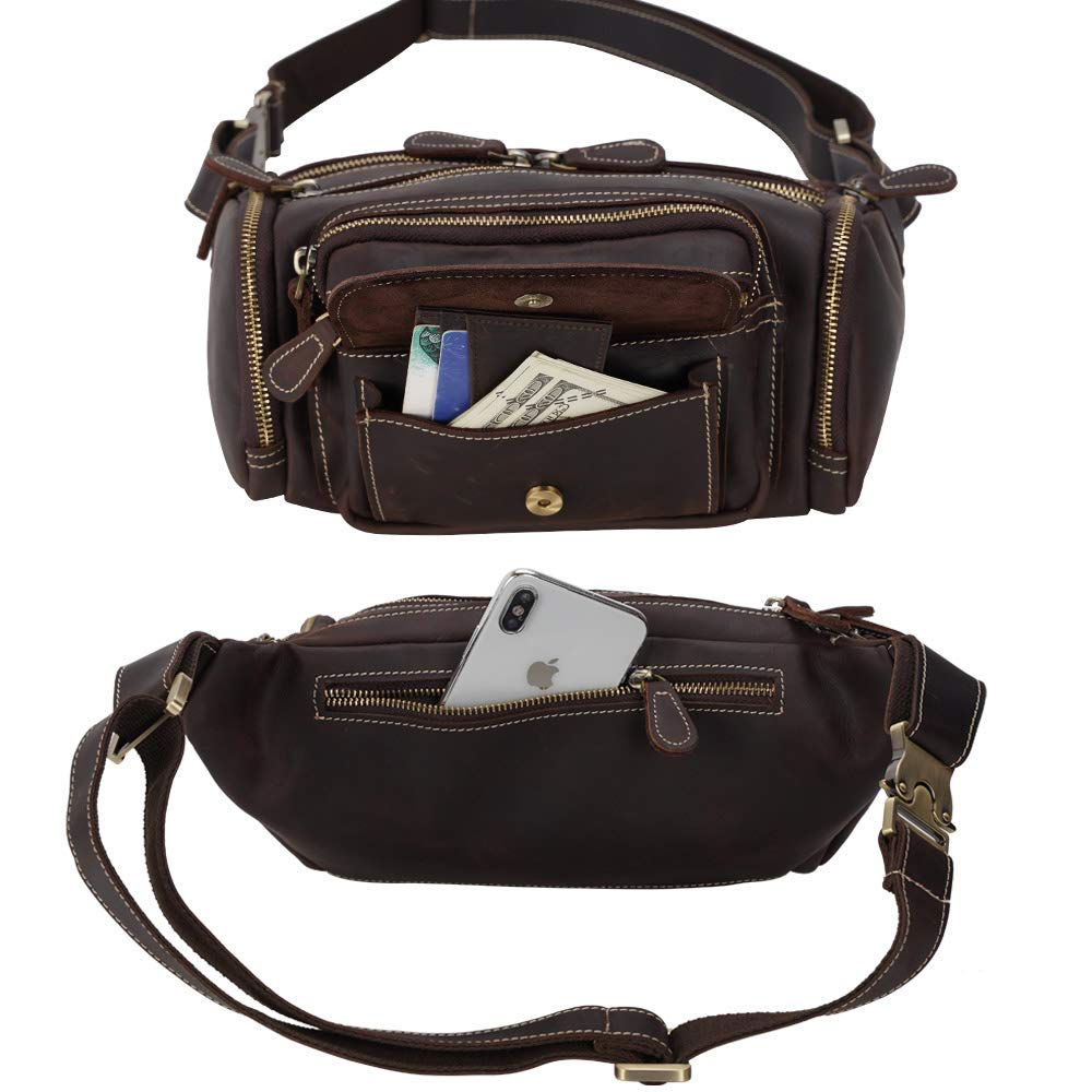 TIDING Leather Fanny Pack For Men Large Capacity Crossbody Waist Belt Bag For Travel Sports Outdoor Hiking Cycling Running