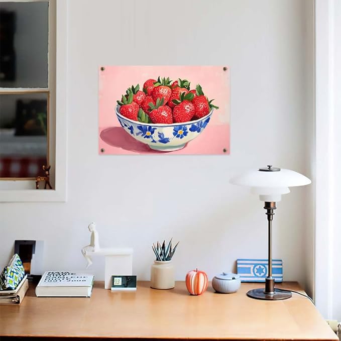 Yesad Strawberry Wall Art Print, Pink Kitchen Wall Décor Fruits Prints Canvas Wall Art Vintage Painting Pictures Modern Wall Décor for Living Room Dining Room Bedroom (Unframed,18”x12”, Strawberry)