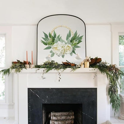 Spring Wreaths for Front Door 10" Artificial Floral Wood Bead Wreaths Eucalyptus Leaves Rose Hydrangea Wreaths for Front Door Boho Farmhouse Wall Decor 2 Pack - White