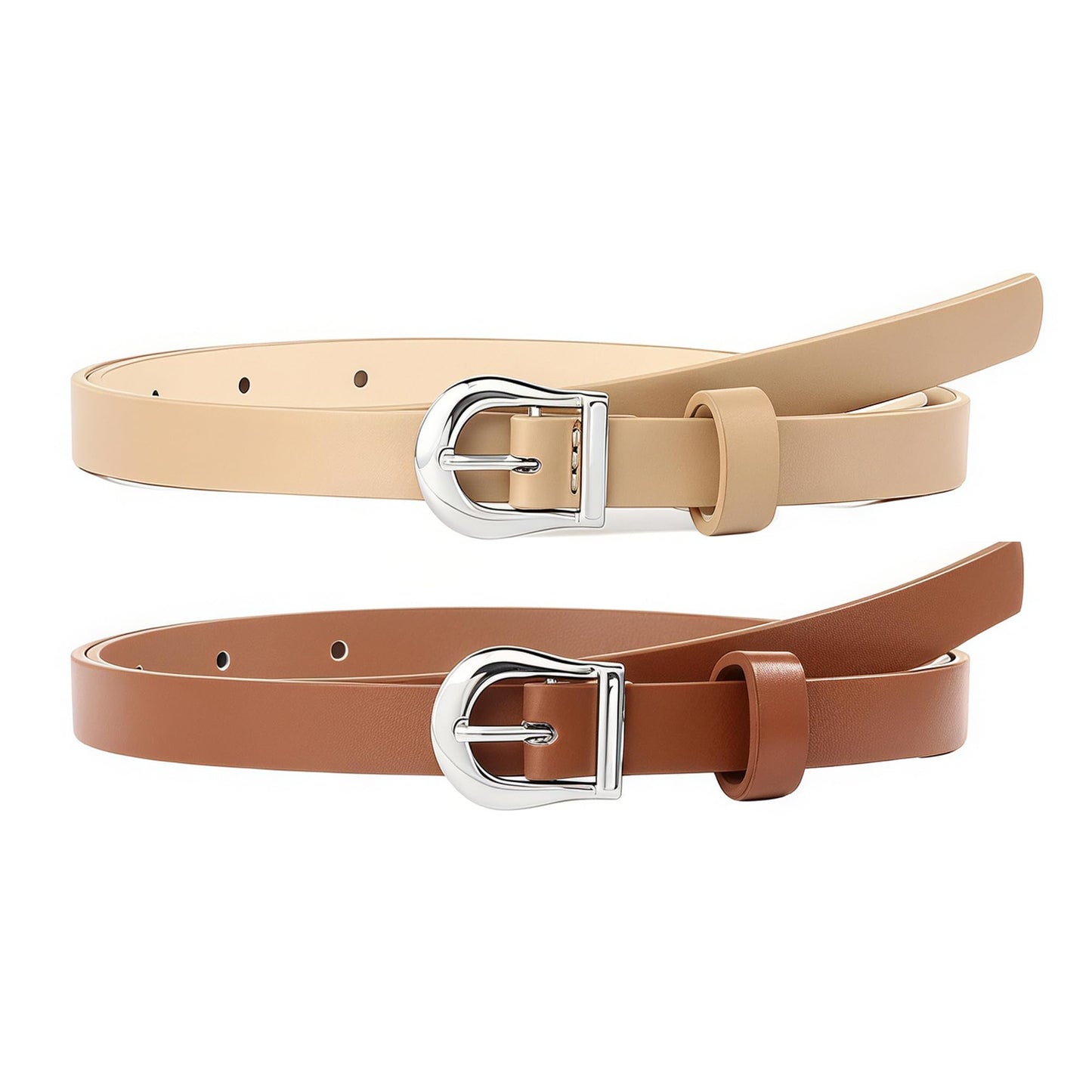 HOTWILL 4 Pack Women Skinny Belts for Jeans Dress Thin Waist Belt for Ladies Silver Buckle A Black Beige Brown White Medium