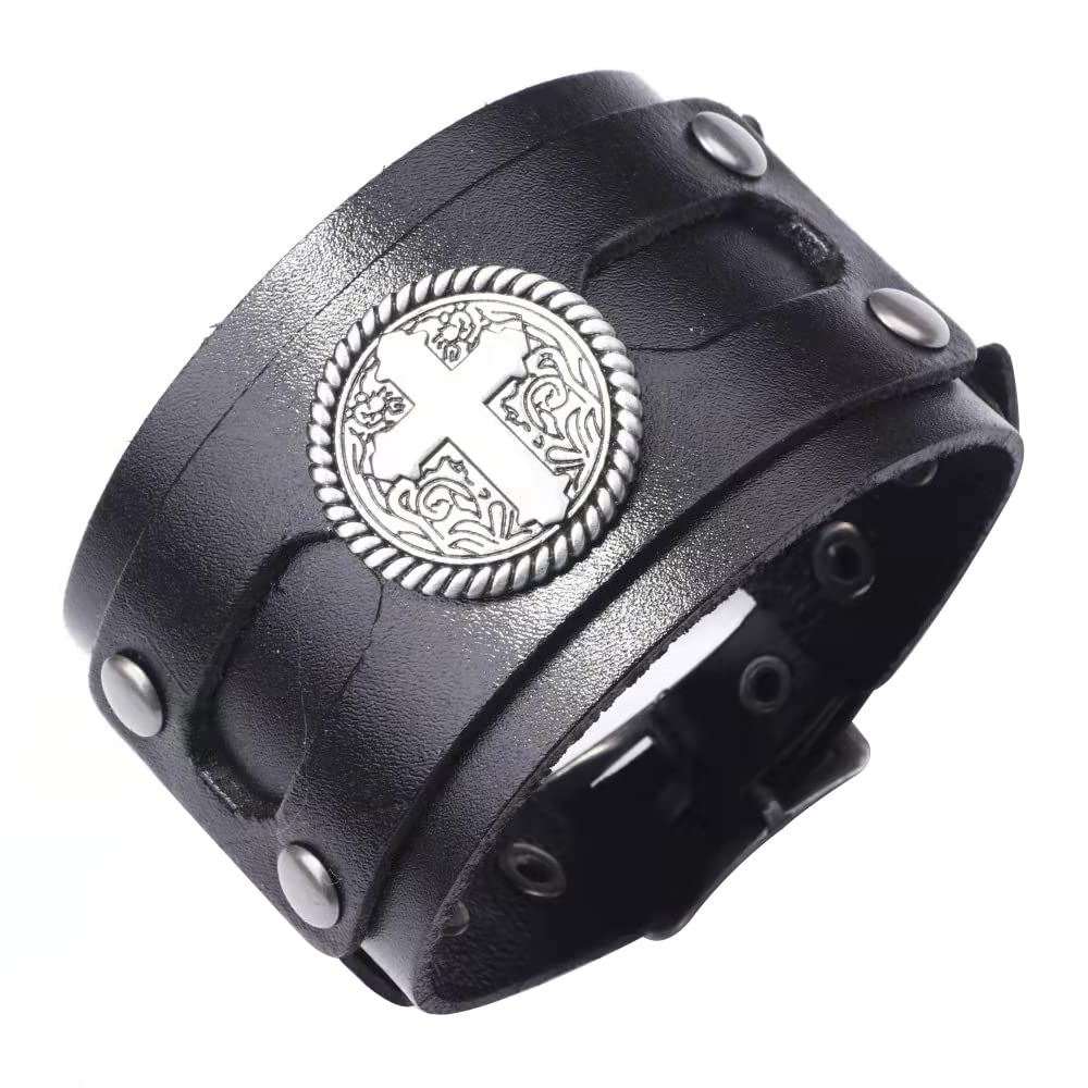NIGHTCRUZ Wide Leather Bracelet with Cross, Medieval Leather Cuff Wristband for Mens