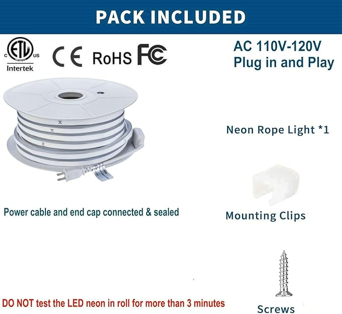 FORT LED Neon Strip Lights 50FT 15M Warm White 110V 120V Led Rope Light AC Driverless Waterproof High Brightness, Easy Installation - Energy-Saving, UV-Resistant - 2 Yr Warranty ETL ROHS FCC