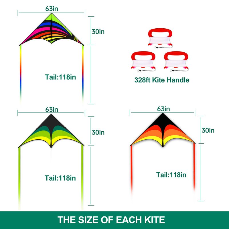 Mint's Colorful Life 3 Pack Delta Kites for Kids & Adults, Easy to Fly Large Kite Set for Beginners, Perfect Family Kites for Park and Beach Trip with 300ft String Included (Green&Yellow&Rainbow)