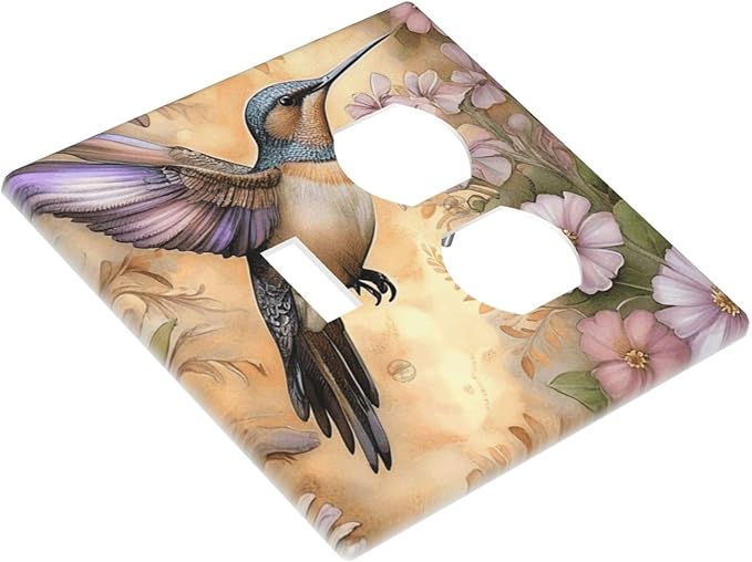 Decorative Art Light Switch Covers Blossom & Hummingbird 2 Gang Single Toggle Duplex Combination Electrical Faceplate Switchplate Wall Plate for Home Decor
