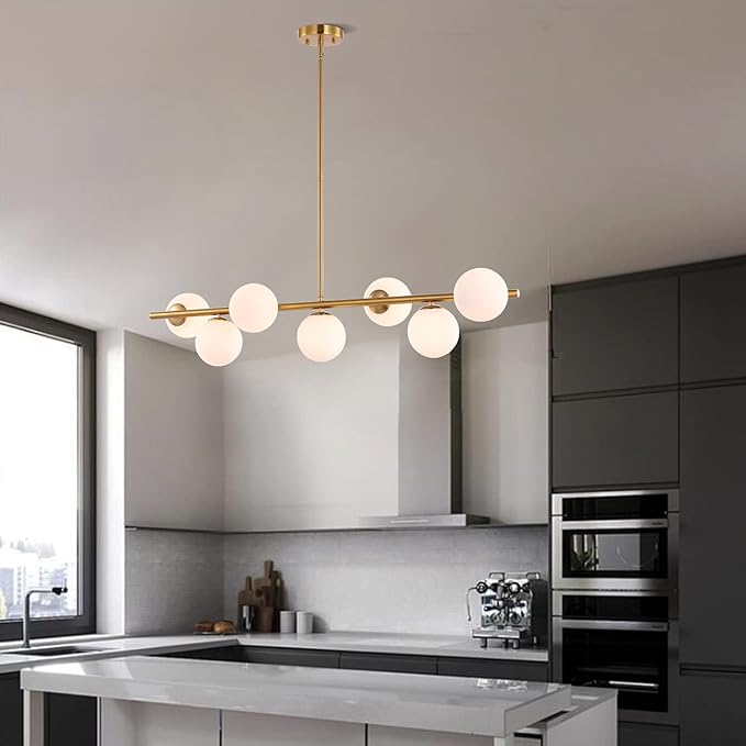 7 Lights Modern Sputnik Chandelier Globe White Glass Shade Brass Linear Mid Century Farmhouse Pendant Light Fixture for Kitchen Island Bedroom Dining Lighting (Gold)