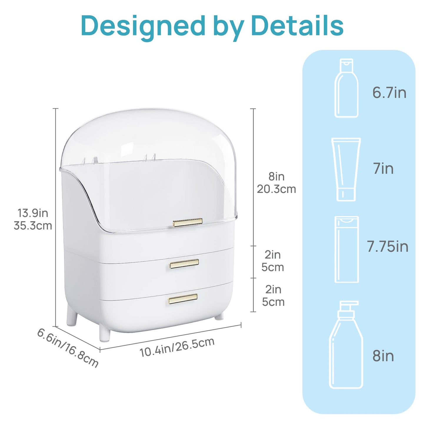 Vtopmart 3-Tier Skincare Makeup Organizer with Drawers and Lid for Vanity and Bathroom Countertop, Large Cosmetic Storage Box Case for Dresser, with Non-Slip Base
