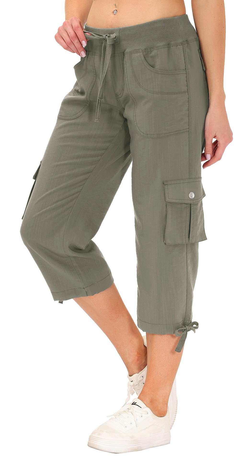 MoFiz Women's Cargo Hiking Pants Lightweight Quick Dry Running Capri Pants Athletic Workout Casual Outdoor Button Pockets Grey Khaki XL