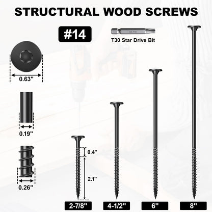 FMhotu 2-7/8 Inch Heavy-Duty Outdoor Wood Screws Assortment Fastener Kit, 50Pcs Star Drive Deck Screws, Rust Resistant Timber Screws for Timber/Log/Landscaping Wood (#14 x 2-7/8" Black)