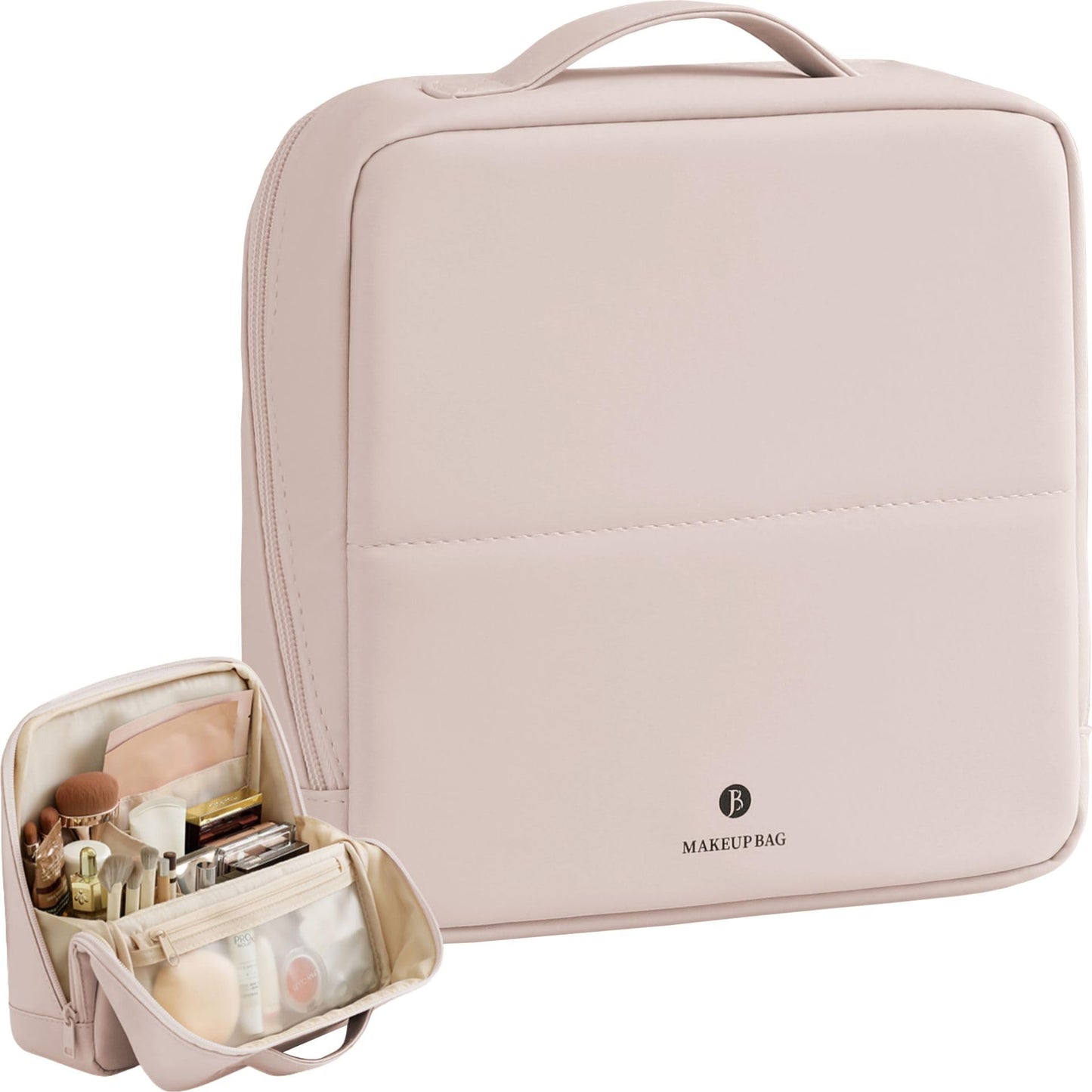 tianzong Travel Makeup Bag with Magnetic Fold-Down Flap, Waterproof Leather Cosmetic and Toiletry Organizer for Women, Multi-Zone Standing Storage, Dusty Rose, Large