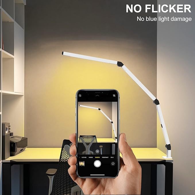Micomlan LED Desk Lamp with Clamp, Dual Light Table Lamp with Adjustable Swing Arm, Eye-Care 4 CCT Modes & 5 Brightness Levels Clip-on Architect Modern Desk Light for Home Office Crafting Sewing
