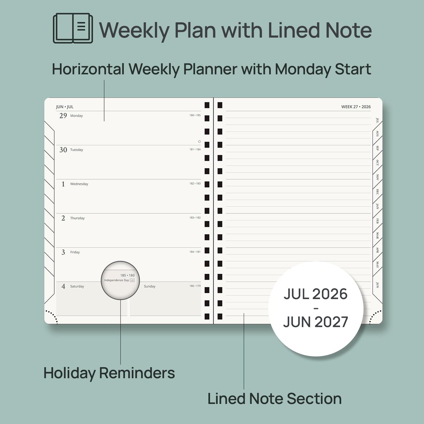 POPRUN Weekly Planner 2026-2027, 6.5" x 8.5", (July 26-June 27) Academic Weekly and Monthly Planner, Calendar Notebook 2026-2027 Agenda for School, College, Spiral Leather Softcover - Green