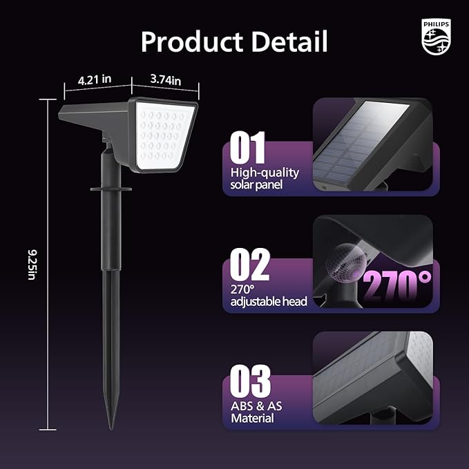 Philips 4 Packs Solar RGBW Spot Lights Outdoor, 18 LED Solar Powered Landscape Lights, 9 Lighting Modes Color-Changing Dusk to Dawn Waterproof Pathway Spotlights for Garden Trees Halloween Christmas