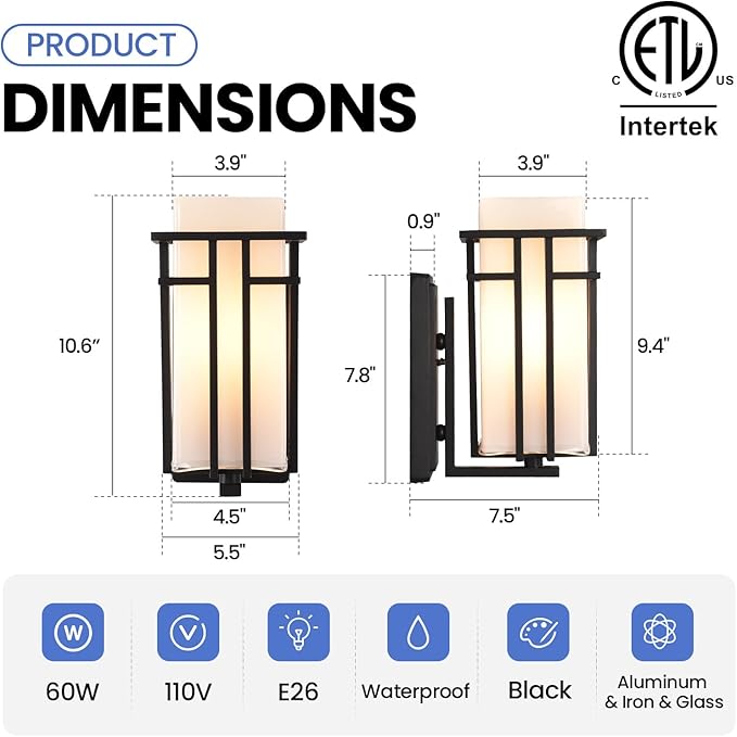 Outdoor Wall Sconce, Waterproof Exterior Lights Wall Mount, Anit-Rust Outdoor Wall Lantern with Rectangle White Glass, Modren Black Exterior Wall Light for Front Door, Patio, Garage, Entryway