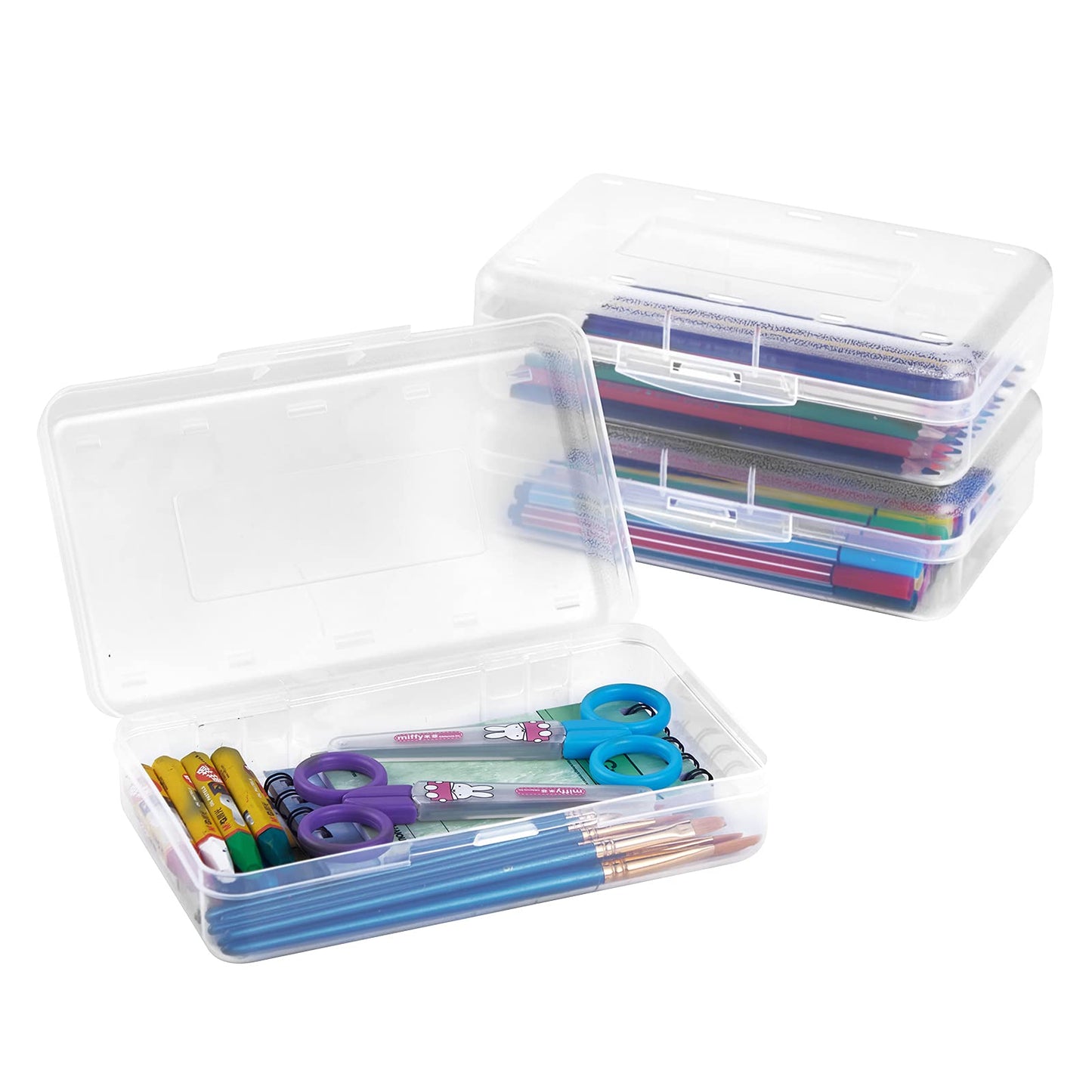Sooez 3 Pack Pencil Case, Large Hard Pencil Box Bulk, Clear Crayon Box Marker Pen Organizer, Plastic Storage Container with Snap Lid, Stackable Art Craft Organizer Back to School Supplies, Clear