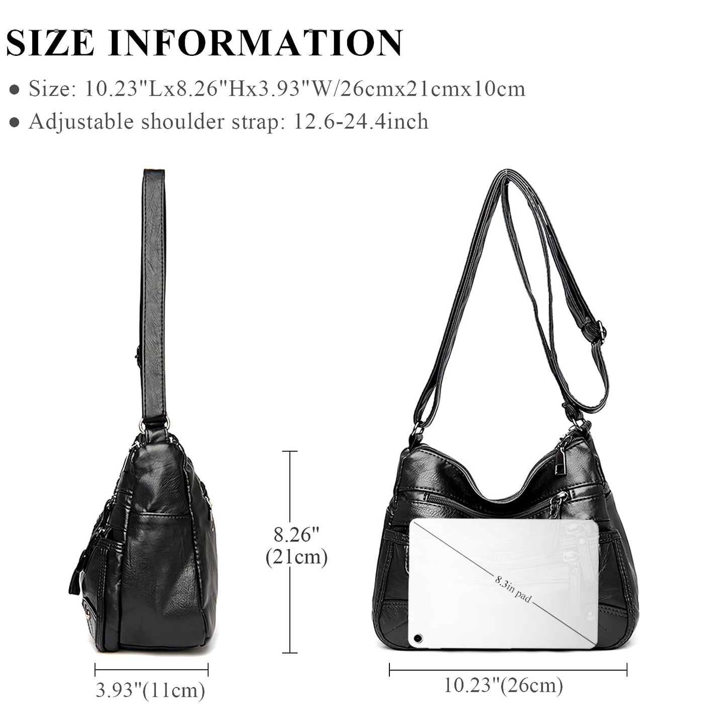 WITERY Small Crossboby Bag for Women - Soft PU Leather Purses Multi-Pocket Shoulder Bag Handbag with Adjustable Strap, Vintage Ladies Medium Roomy Travel Purses Zipper Hobo Totes (Black)