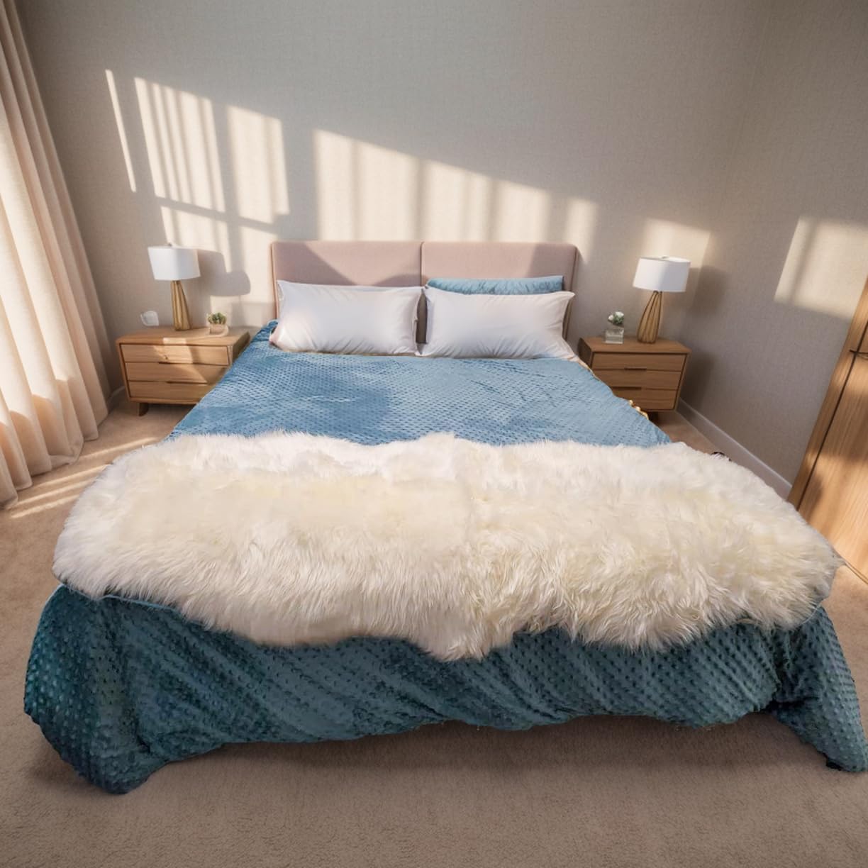Genuine Sheepskin Rug with Little Patches | Premium Ivory White Fluffy Sheep Skin Carpet for Bedroom Fireplace | Soft Wool Throw for Elder, Pet | Luxurious Fur Rug for Chair, Sofa, Non Dyed 2FT*6FT