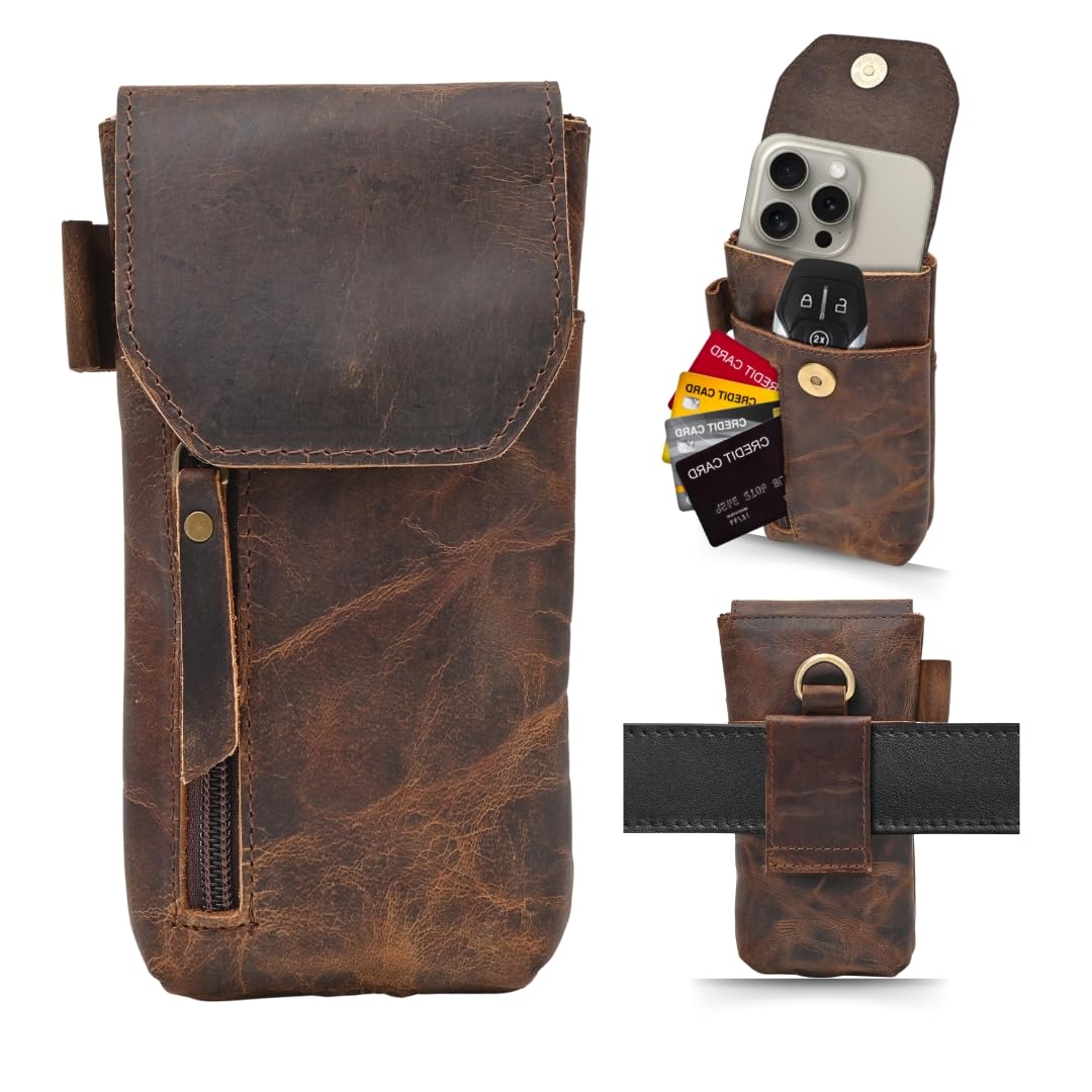 Autentico Genuine Leather Phone Holster Pouch with Belt Clip Cell Phone Cover 8X4 Magnetic Closure ID Card Holder Brown Universal Case for iPhone Samsung Galaxy Google Pixel Leather All Smart Phones