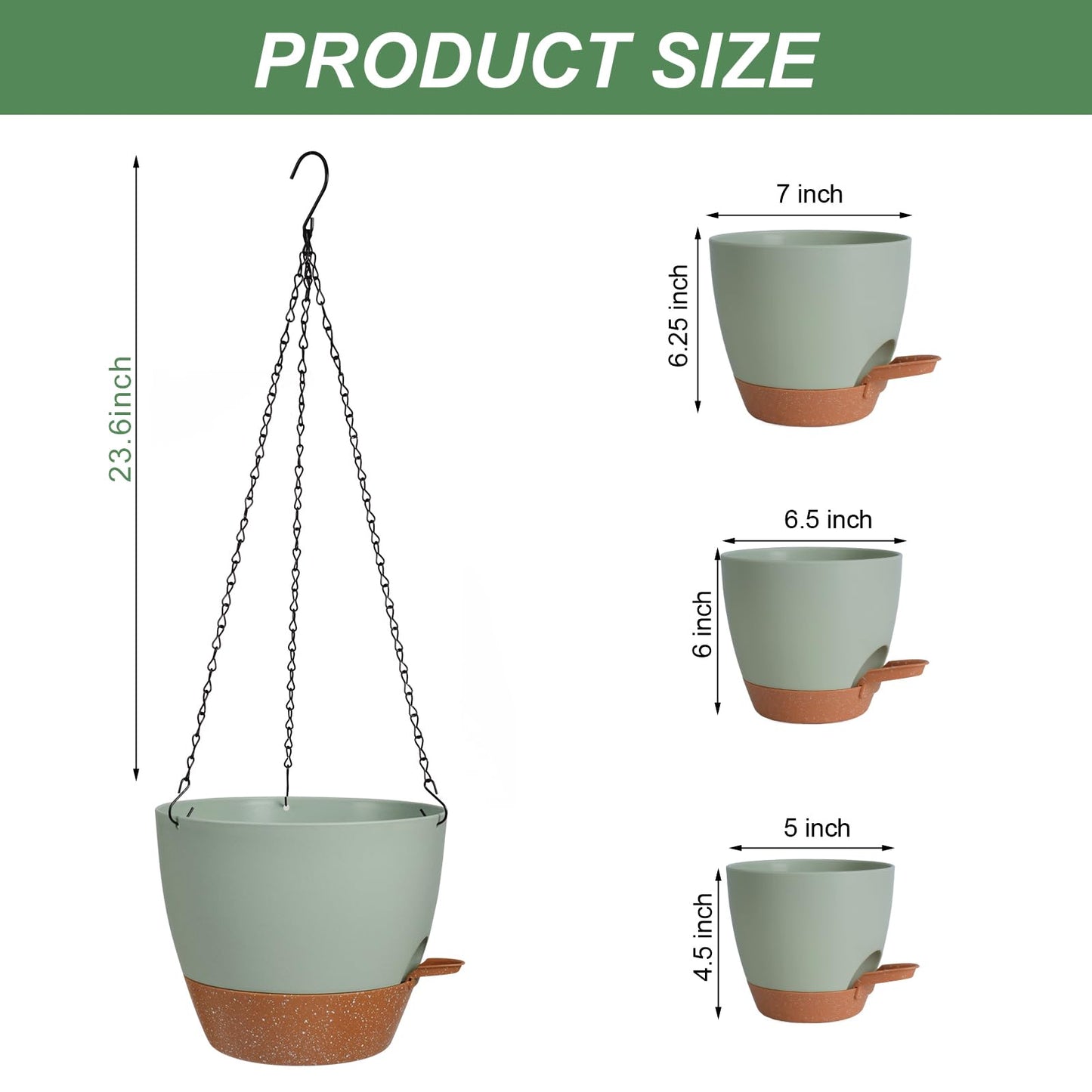 Lucieblessdesign 3 Pack Hanging Planter Indoor Outdoor Flower Pots 7/6.5/5 Inch, Self-Watering Hanging Pot with Drainage Holes Hanging Baskets Holder Plant Pots for Garden (Green)