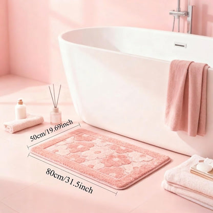 Pink Flower Bath Mat Cute Bathroom Rugs Lovely Shower Bathtub Mat Microfiber Soft Welcome Doormat Non-Slip TPR Backing Shower Rug Plush Shaggy Bath Carpet, 20x32