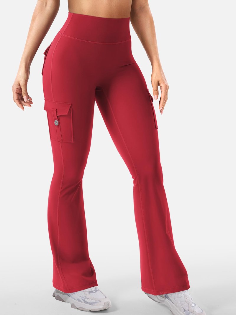 YEOREO CoreFlex Women Workout Flare Leggings with Pockets Hidden Scrunch High Waisted Cargo Gym Yoga No Front Seam Leggings 30" Inseam Red L