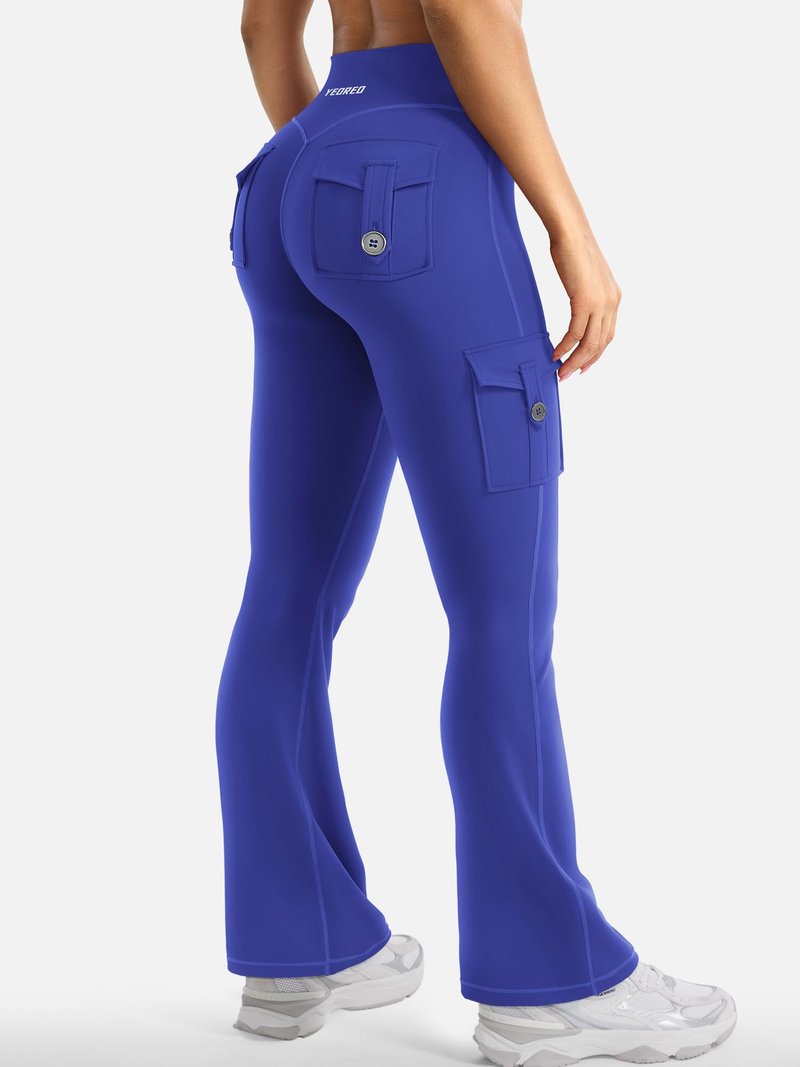 YEOREO CoreFlex Women Workout Flare Leggings with Pockets Scrunch Cargo Gym Yoga Leggings 28" Inseam Dazzling Blue M