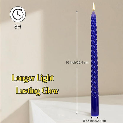 Tobeape Blue Twisted Taper Candles Set of 12, 10 Inch Tall Unscented Dripless, Smokeless Spiral Tapered Candlestick for Wedding Home Décor Dinner Hanukkah - 8 Hour Long Burning