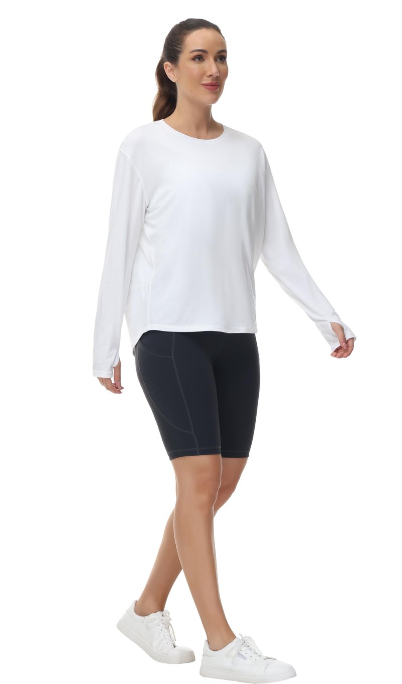THE GYM PEOPLE Women's Long Sleeve Workout Shirts Back Loose Fit Running Tee Tops with Thumb Hole White