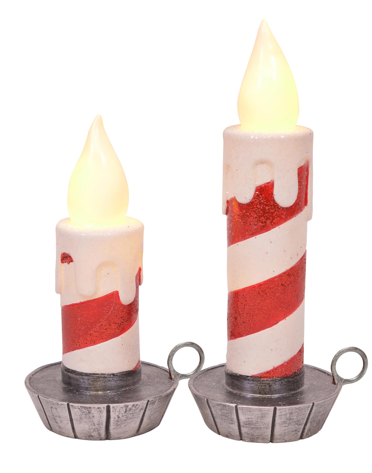 Mark Feldstein & Associates Flameless LED Candy Striped Holiday Taper Chamberstick Candles, Set of 2, 6 and 8 Inch