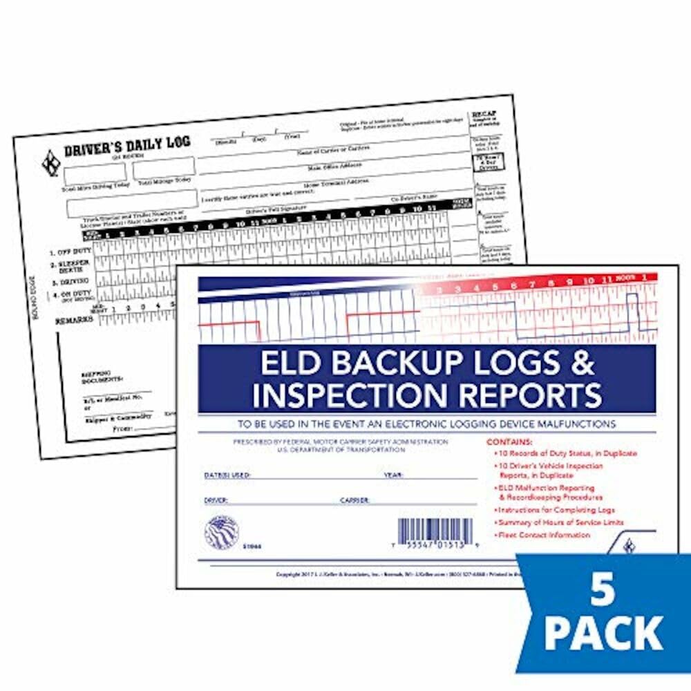 ELD Backup Driver Log Book 5-pk. with Detailed Driver Vehicle Inspection Report & Daily Recap - Book Format, 2-Ply Carbonless, 8.5" x 5.5", 10 Sets of Forms Per Book - J. J. Keller & Associates