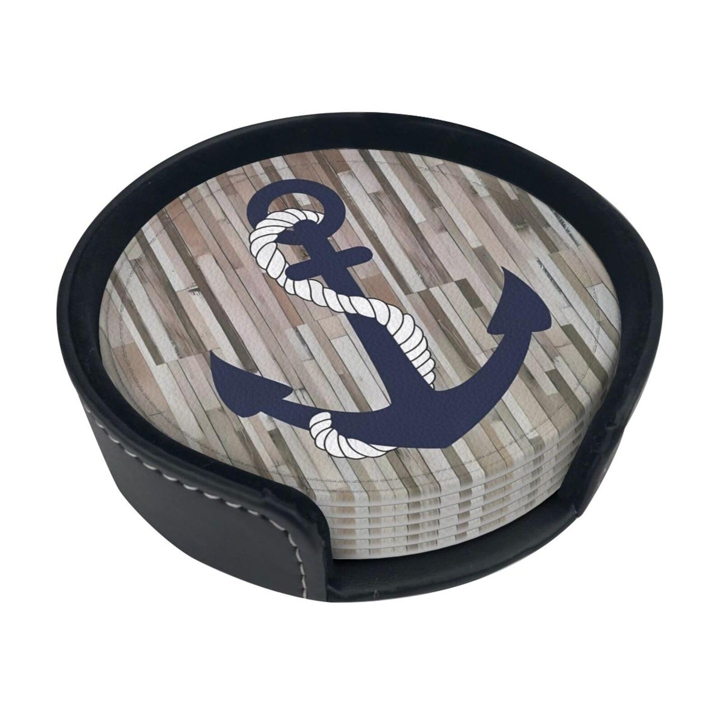 Nautical Navy Blue Anchor Wood Plank Premium Leather Coasters - Set of 6 with Holder, Stylish Beverage Coasters for Kitchen, Coffee and Home Decor