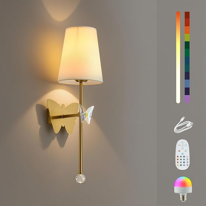 Battery Operated Wall Sconces,Rechargeable Wall Lights with Butterfly Crystal Decorative Sconces,Cordless Battery Sconce Indoor Wall Lamps for Bedroom Living Room Hallway Stairs Gold 1 Pack