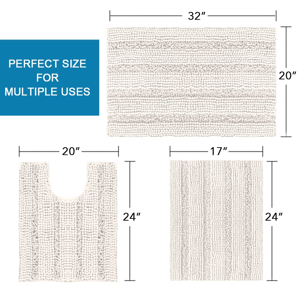 H.VERSAILTEX 3 Piece Thick Striped Bath Rugs Set for Bathroom Non Slip Soft Absorbent Bath Mat for Tub, Shower and Toilet(17''x24''+20''x32''+20''x24'' U-Shaped, Ivory)