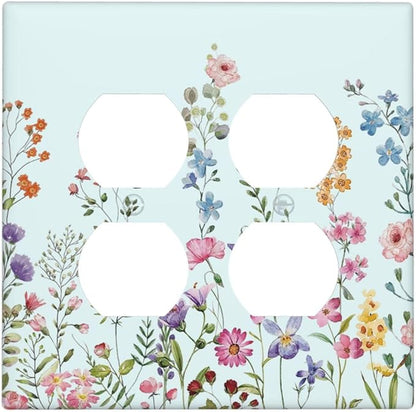 Decorative Light Switch Cover Plate Rustic Wild Floral Vintage Blue Watercolor Flower 2 Gang Socket Covers Double Duplex Wallplates Switch Plates and Outlet Covers for Bathroom Home Decor