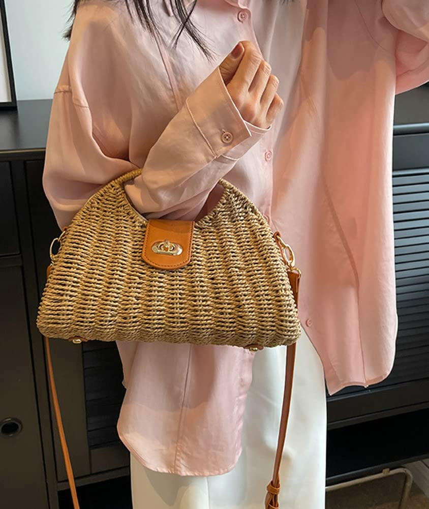 Summer Straw Bag for Women Straw Hand-woven Top-handle Handbag Crossbody Tote Clutch Bags for Travel Khaki Medium
