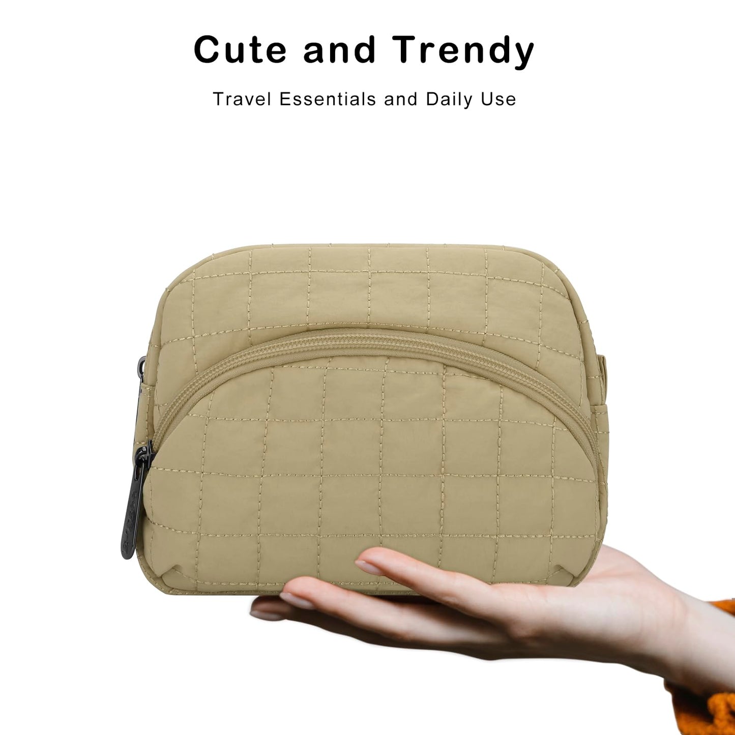 E-Tree Makeup Bag, Quilted Cosmetic Bag for Women, Puffer Make up Pouch for Purse,Travel Toiletry Organizer Case (Khaki)