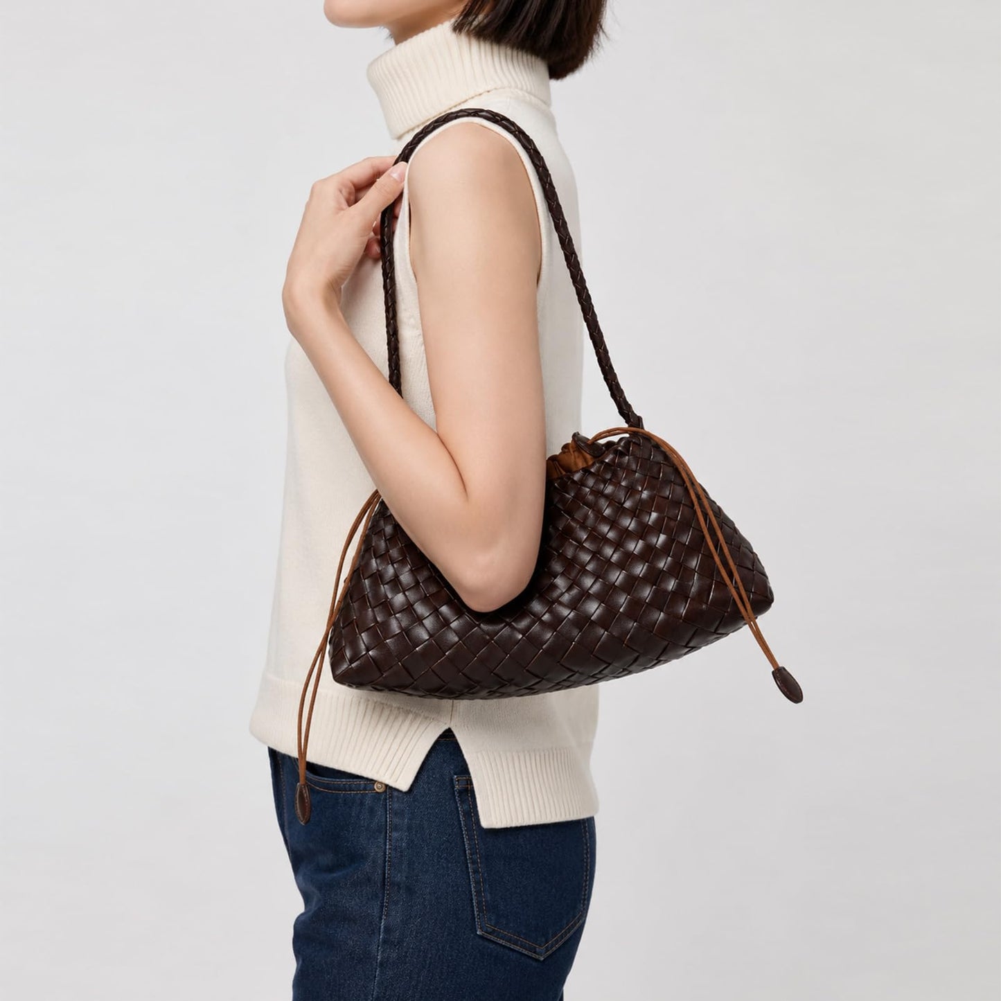 YDF Small Woven Purse for Women, Vegan Leather Shoulder Bag, Slouchy Tote Bag with Inner Drawstring Pouch, Underarm Handbag- Dark Brown