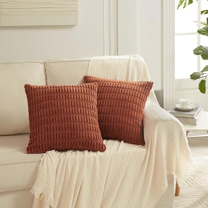 Fancy Homi Rust Decorative Throw Pillow Covers 16x16 Inch for Living Room Couch Bed Sofa, Soft Striped Corduroy Square Cushion Case 40x40 cm, Terracotta Rustic Farmhouse Boho Home Decor