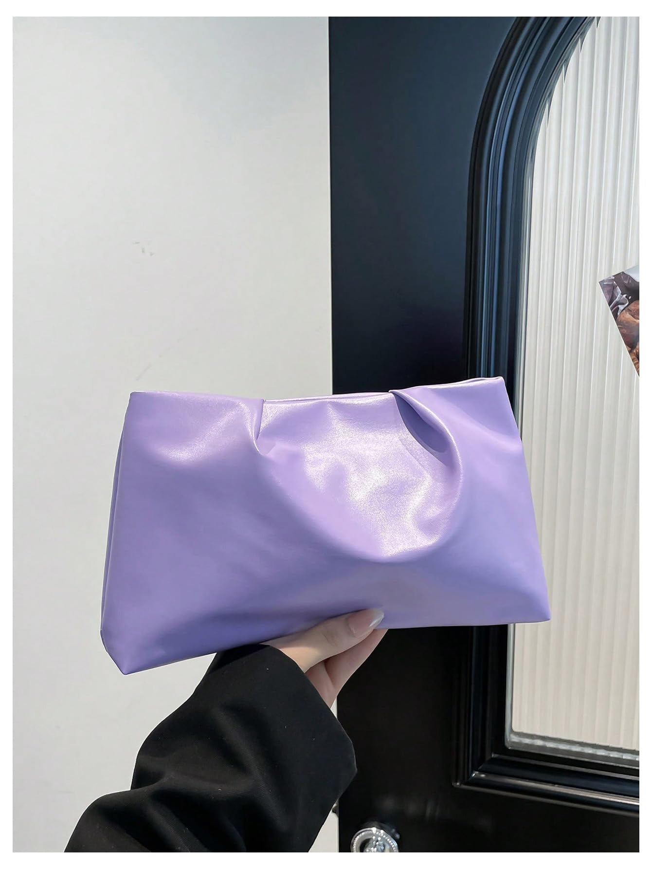 OYOANGLE Women's PU Leather Clutch Purses Small Zipper Ruched Minimalist Handbag Purple One Size