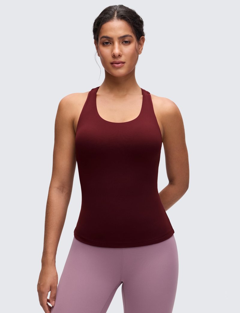 CRZ YOGA Butterluxe Workout Racerback Tank Tops for Women - Padded Athletic Spandex Yoga Shirts with Built in Bra Red Merlot Medium