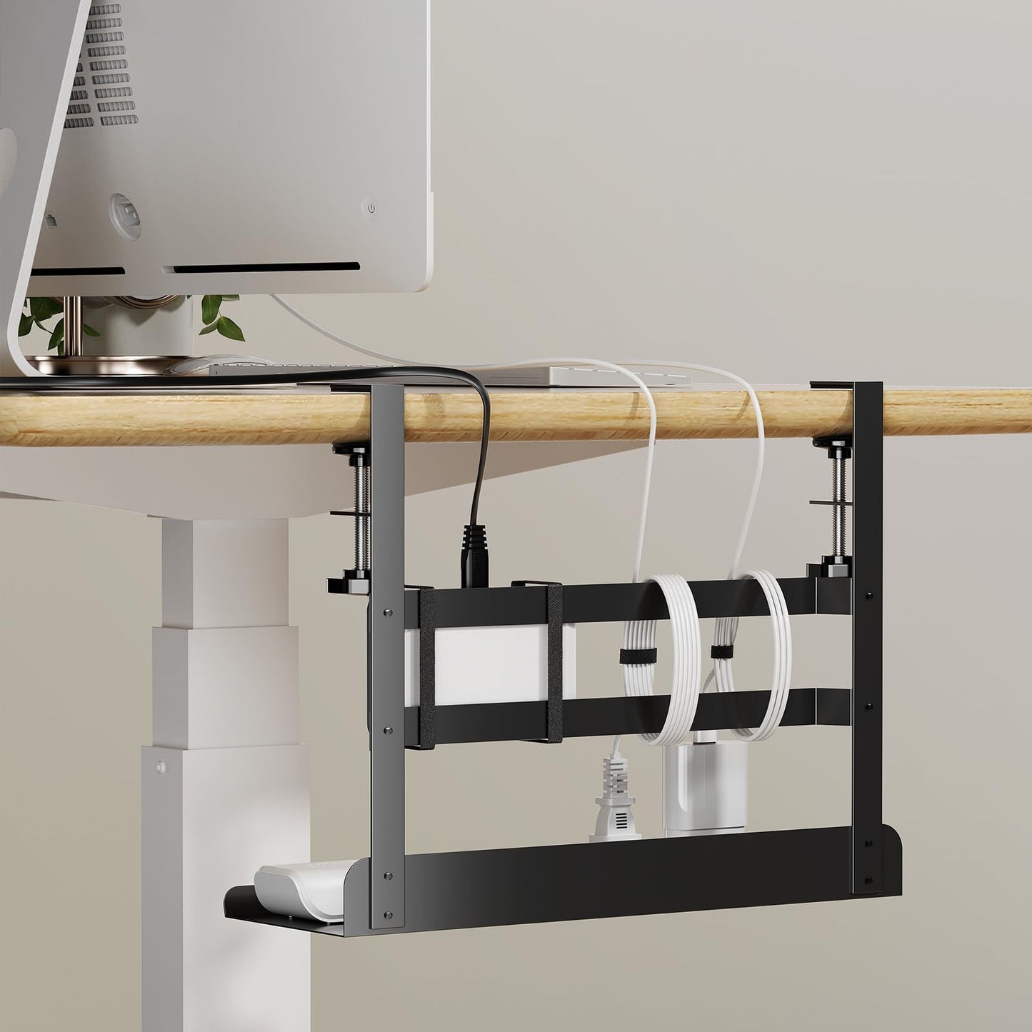 YECAYE Under Desk Cable Management Tray, No Drill Clamp Mount Metal Cable Management Tray with Desk Protection Pads, Under Desk Organizer Easy Installation with Hook & Loop Straps for Home Office