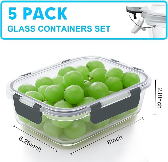 VERONES 5 Pack 36 OZ Glass Meal Prep Containers, Airtight Glass Lunch Containers Set, Glass Food Storage Containers with Lids,Exclusive of BPA, for Microwave, Oven, Freezer & Dishwasher Friendly,Grey