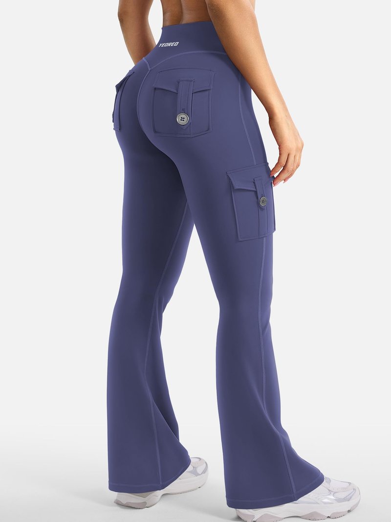 YEOREO CoreFlex Women Workout Flare Leggings with Pockets Hidden Scrunch High Waisted Cargo Gym Yoga No Front Seam Leggings Dark Blue L